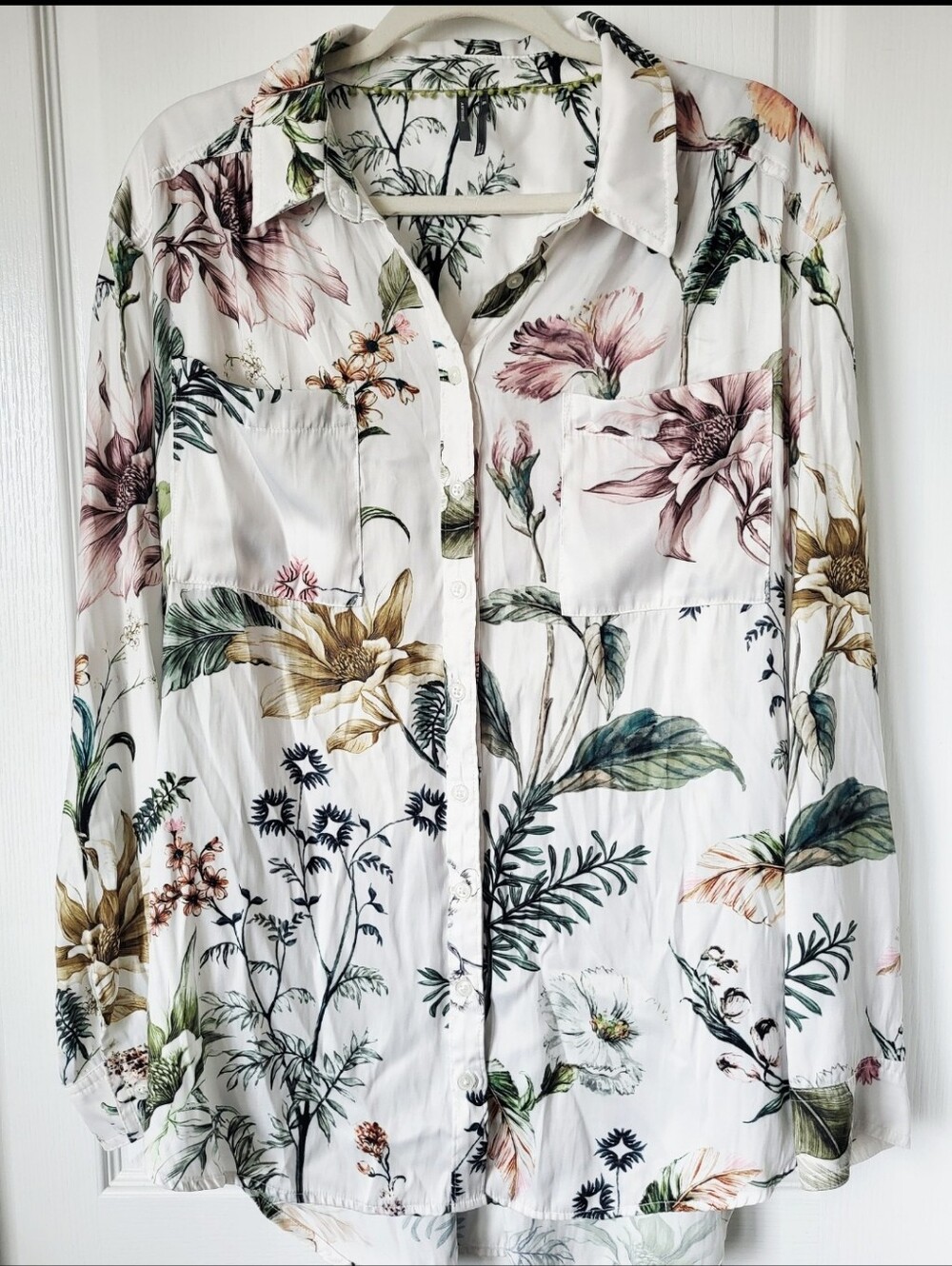 Anthropologie Floral Button-Up Shirt — White with Green, Pink & Gold Botanicals